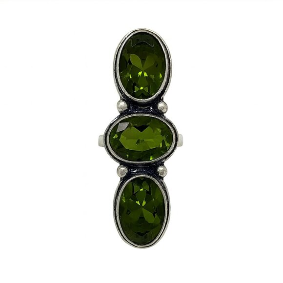 Genuine 3-Stone Peridot 925 Silver Ring - Size 7 - Picture 1 of 6